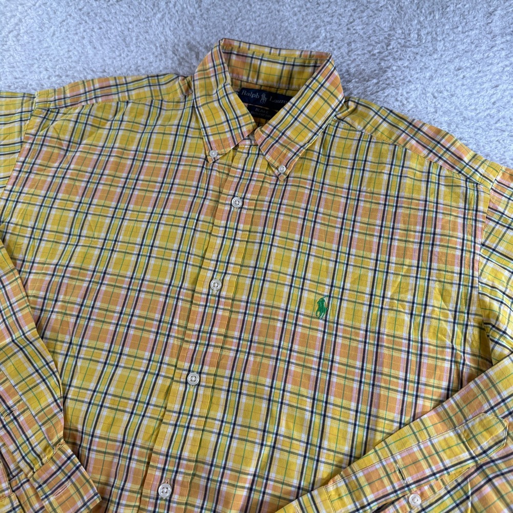 Ralph Lauren Button Down Shirt Mens M Yellow Pony Plaid Blake Long Sleeve